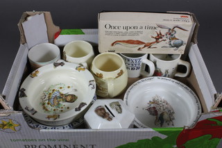 A Sylvac mug decorated teddybears, a Wedgwood Peter Rabbit  bowl 6", do. mug and money box and other items of childrens  teaware