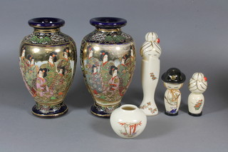 A pair of late Japanese Satsuma pottery vases decorated geisha  girls 9", a Satsuma figure of a geisha girl 7", 2 others and a  small vase