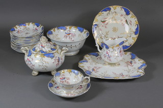 A 36 piece Rockingham style tea service comprising slop bowl 7", cream jug 4", 2 twin handled plates 10.5" - both f, circular  plate 8" - cracked, twin handled sucrier and cover 6" - cracked,  12 saucers 5.5" - 1 cracked, 10 cups 4" - 8 cracked, 8 cups 3.5"  - 1 cracked, marked 5458