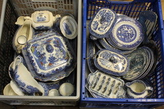 A collection of various blue and white table china