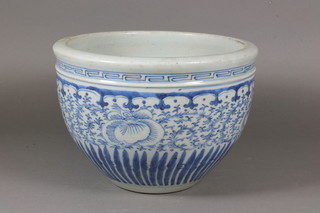 A Chinese blue and white jardiniere 9.5"diam. together with 2 hardwood stands