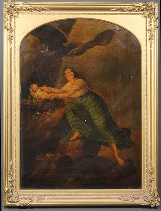 A late 18th Century European school, oil on canvas, an  allegorical study of a woman retrieving her infant from an  eagle's nest, unsigned, hole to canvas, 32"h x 22.5"w