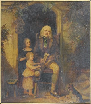 19th Century naive school, oil on fibre board, a figural study of  an old man teaching two young girls to read, unsigned, 15"h x  13"w