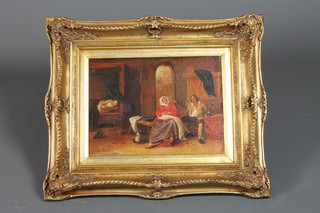 Van Hoesch, 20th Century Dutch School, an interior scene of revellers in the 18th Century style, depicting a portly man and  woman drinking in their bedroom, signed, 11.5"h x 15.5"w