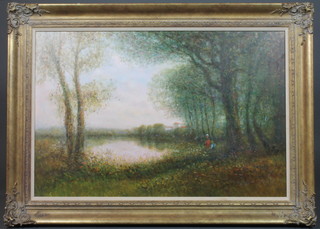 Late 20th Century Continental School, oil on canvas, an impressionist style wooded river scene with pastoral figures in  foreground, 23.5"h x 35.5"w, unsigned