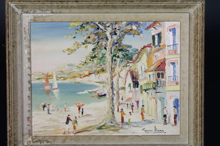 George Hann, 20th Century British School, oil on board, a Mediterranean coastal landscape with figures in foreground,  signed 15.5"h x 20"w