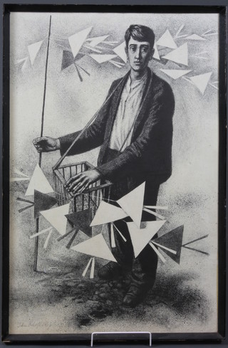 John Vivian Roberts, British 1923-2003, monochrome print study of a street vendor selling kites, signed in pencil and dated 1966,  30"h x 19.5"w