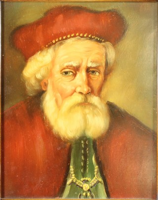 20th Century School, oil on wooden panel, head and shoulder  portrait of a Cardinal sitting to sinister in ceremonial robes within  a 19th Century style frame, unsigned 9.5"h x 7.5"w