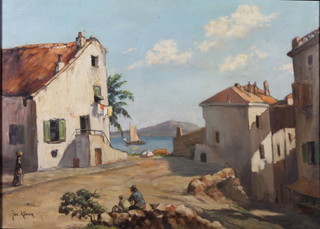 Jac Koper, contemporary, oil on canvas, a Mediterranean coastal village scene with figures in foreground and mountains to the  distance, signed, 29.5"h x 39.5"w