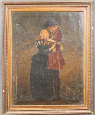 A late 19th Century school, oil on canvas, a full length portrait  of a young gallant and companion in period costume, unsigned,  23.5"h x 18"w