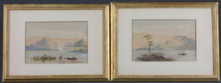 A pair of mid 20th Century watercolours on paper, mountainous  lake scenes with fishing boats in foreground 6.5"h x 9.75"w