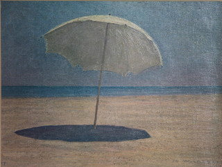 W Izzar?, a late 20th Century oleograph, study of an open  parasol on a sandy beach 6.5"h x 9"w