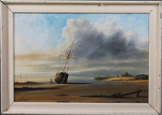 Jim Thompson, 20th Century British School, oil on canvas, study  of a beached sailing barge with harbour wall in the distance,  signed, 19.5"h x 29.5"w