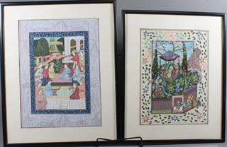 2 Persian watercolours, an interior of a temple 13.5" x 10.25"  and a figures in a garden with foliate reserves, 12" x 9"