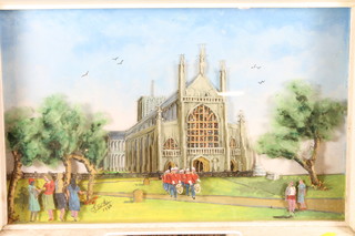 A 20th Century match stick montage study of Winchester  Cathedral with bandsmen in foreground, bears indistinct signature  9"h x 14"w