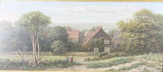 R J Osborn, late 19th Century British School oil on chamfered  wooden panel "The Wylds, Hampstead", a rural landscape with  figures and cottage in foreground, signed, 7.75"h x 18"w