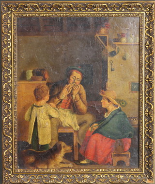 A late 19th Century oil on fibre board, interior scene of pastoral figures and dog, 9.5"h x 7.75"w