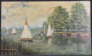 John Keix?. Oil on fibre board, an impressionist lake scene of  sailing dinghies amongst a parkland setting, unframed,  indistinctly signed 18"h x 29.75"w