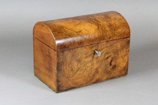 A mid Victorian figured walnut dome topped tea caddy, the  hinged top inset 2 later canisters 6.5"h x 9"w x 5"d