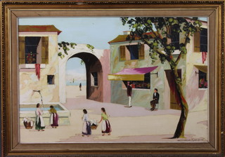 Vernon Henri, 20th Century French School, oil on fibre board, a Mediterranean village street scene with washer women in the  foreground, signed 19.5"h x 29.25"w