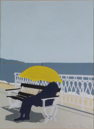 Peter Thomas, 20th Century British School, a limited edition coloured print, study of a figure sat upon a seaside promenade,  resting under a yellow umbrella, signed and dated '74, 2/6,  11.5"h x 8.5"w