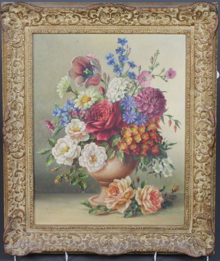 R Garforth, 20th Century School, oil on canvas, still life study of  a floral urn, signed 19.5"h x 15.5"w