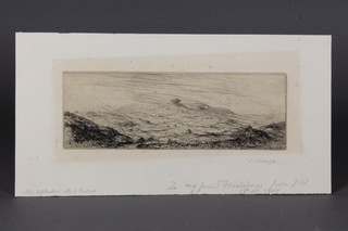 J C Robinson, early 20th Century British School, a dry point  etching, a moorland scene possibly High Tor, Dartmoor, signed  in pencil to margin and bears inscription 2.5"h x 7.5"w