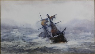 Rose Chide Crespigny, British, fl. 1891-1929, watercolour on  paper, a study of a sailing barge overcome by high seas, signed,  9.75"h x 17.25"w  ILLUSTRATED