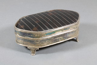 A silver and tortoiseshell lozenge shaped trinket box on panel  supports, Birmingham 1939, 5.5"