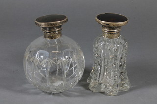 A glass bell shaped perfume bottle with silver and tortoiseshell mount 4.5" and a globular cut ditto