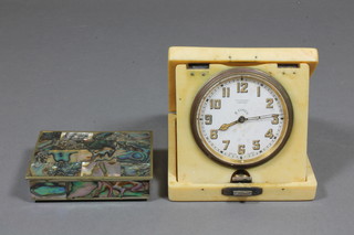 An 8 day travelling time piece by Vickery of London contained  in an ivory case, f, and a mother of pearl mounted rectangular  box