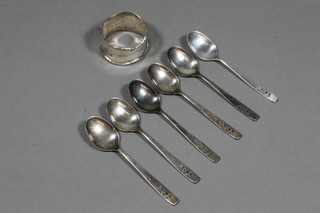 A set of 6 Wilkens coffee spoons, marked 800 and a silver  napkin ring