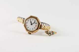 A gold dress ring set demi-pearls and turquoise and a lady's gold  cased wristwatch