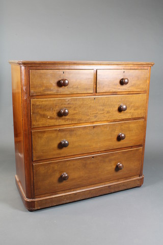 A Victorian mahogany bow fronted chest fitted 2 short and 3  long drawers with tore handles, raised on a plinth base 45"h x  44"w x 22"d