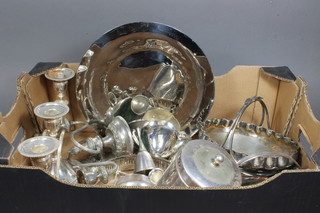2 silver plated candelabrum, a silver plated dish and other plated  items