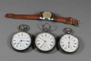 An American open faced pocket watch contained in a silver case,  a Waltham keyless pocket watch contained in a silver case, 1  other pocket watch and an Everite wristwatch contained in a  stainless steel case