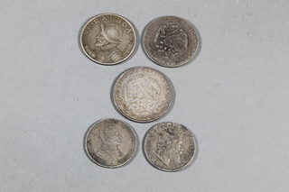 2 Mexican silver coins and 3 Continental silver coins