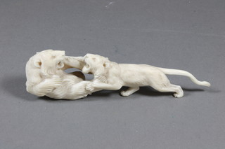 A Japanese Tokyo School carved ivory Okimono, study of a  grizzly bear and tiger, signed 5.5"