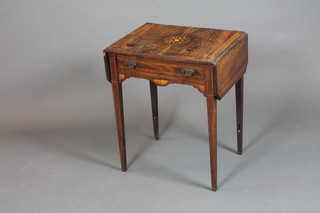 A late Victorian Sheraton revival rosewood Pembroke table, boxwood line inlaid, the drop leaf top centred with floral  marquetry patterae above a single drawer, raised on square  tapered legs, lacking stretchers 26.5"h x 36"w x 17"d