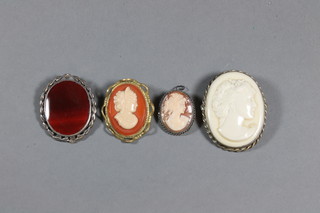 A shell carved cameo portrait brooch, an agate brooch and 3 other "cameo" brooches
