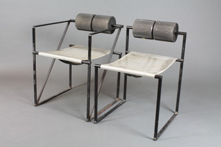 Alias, Italy, a set of 4 20th Century modernist dining chairs with wrought  iron and tubular frames, cylindrical padded backs