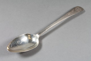 A George III Old English pattern bright cut bottom marked  spoon, London 1789 by George Burrows, 2 ozs,