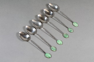 6 Chinese white metal teaspoons with carved green hardstone  panels