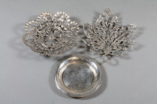 2 white metal filigree dishes and a circular Eastern engraved  white metal dish 3"