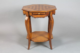 An octagonal figured walnut 2 tier occasional table, the top inset  a chessboard, fitted 2 drawers and raised on cabriole supports  26"w x 23"w
