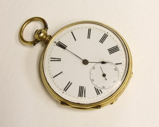 A Continental open faced pocket watch with enamelled dial and Roman numerals, contained in an 18ct gold case