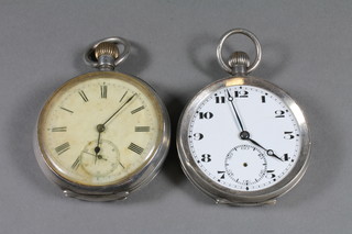 2 keyless open face pocket watches contained in Continental  silver cases