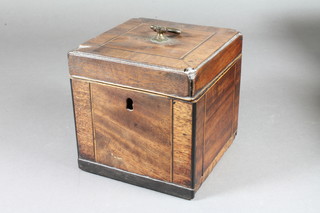 A George III mahogany square tea caddy with crossbanded top  and satinwood stringing 4.5"h x 4"w x 4.5"d