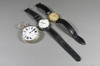 A gentleman's Omega De Ville wristwatch contained in a gold plated case, a gentleman's electronic wristwatch in a stainless  steel case and an open faced pocket watch in a silver plated case