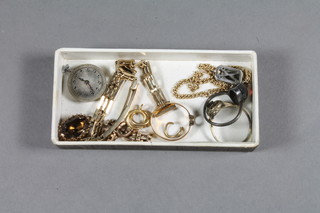 A ladies 9ct pierced gold wristwatch strap, 2 dress rings etc